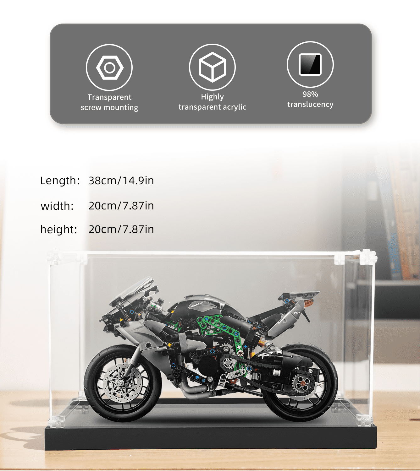 Display case for LEGO Kawasaki Ninja H2R Motorcycle 42170