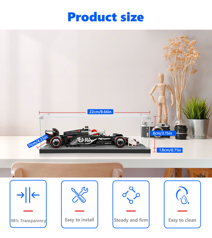 Crystal-clear acrylic display case for LEGO® MoneyGram Haas F1 (77250), showcasing model’s fine details