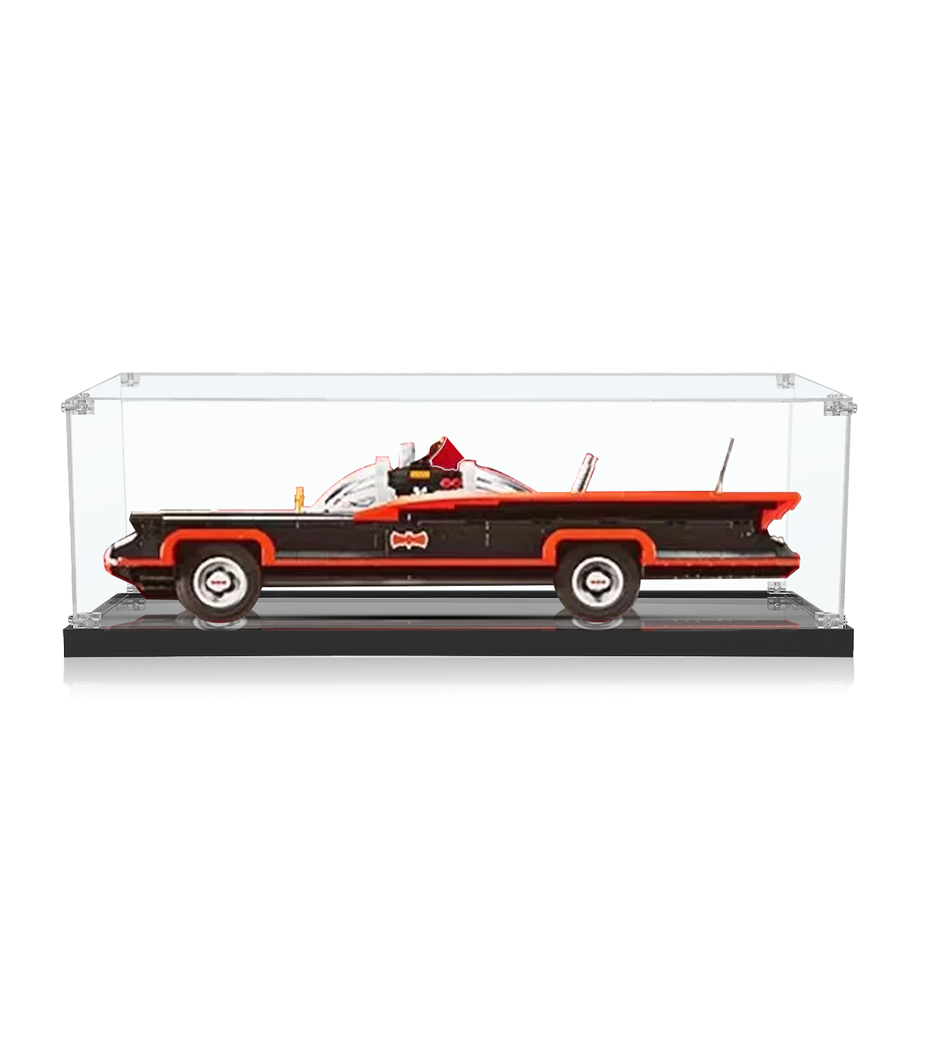 Display case for LEGO The Classic TV Series Batmobile 76328 with front view, designed to protect and display your Batmobile set.