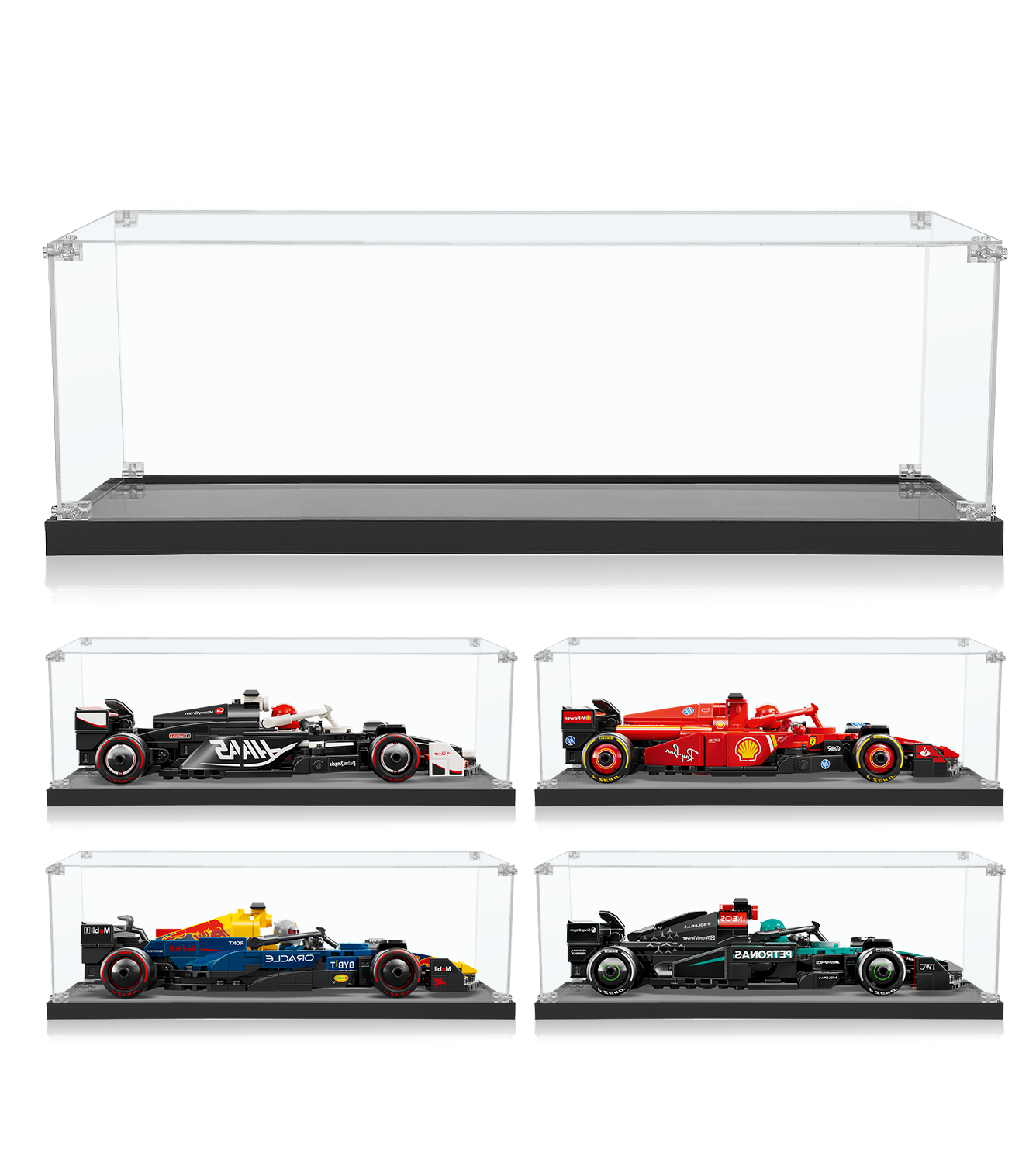 Display case for LEGO® AMG F1 W15 (77244), showcasing the model with crystal-clear visibility