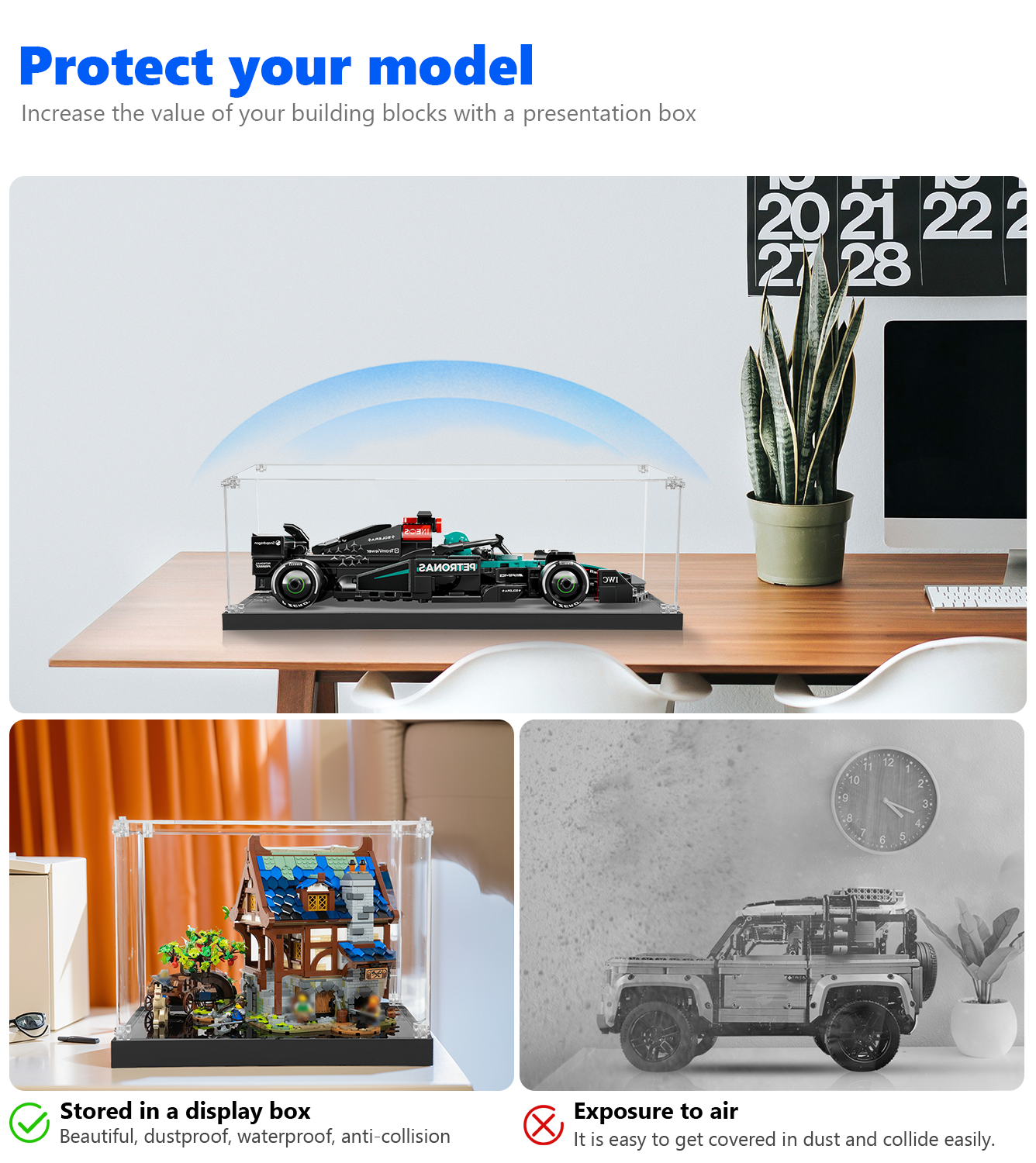 Protective display case for LEGO® AMG F1 W15, offering protection from dust and damage