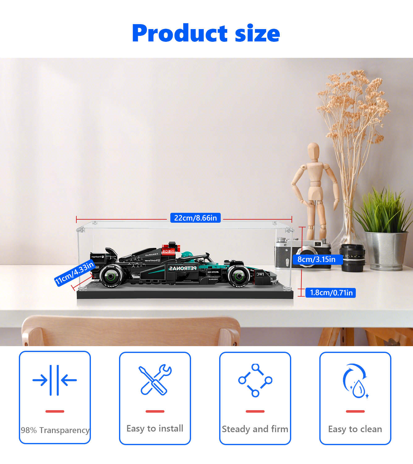 Display case with LEGO® AMG F1 W15 placed on a shelf, highlighting the car’s design