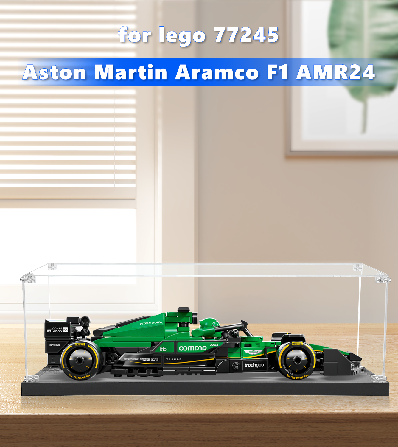 Close-up of LEGO® Aston Martin Aramco F1 AMR24 model inside premium display case by ICUANUTY