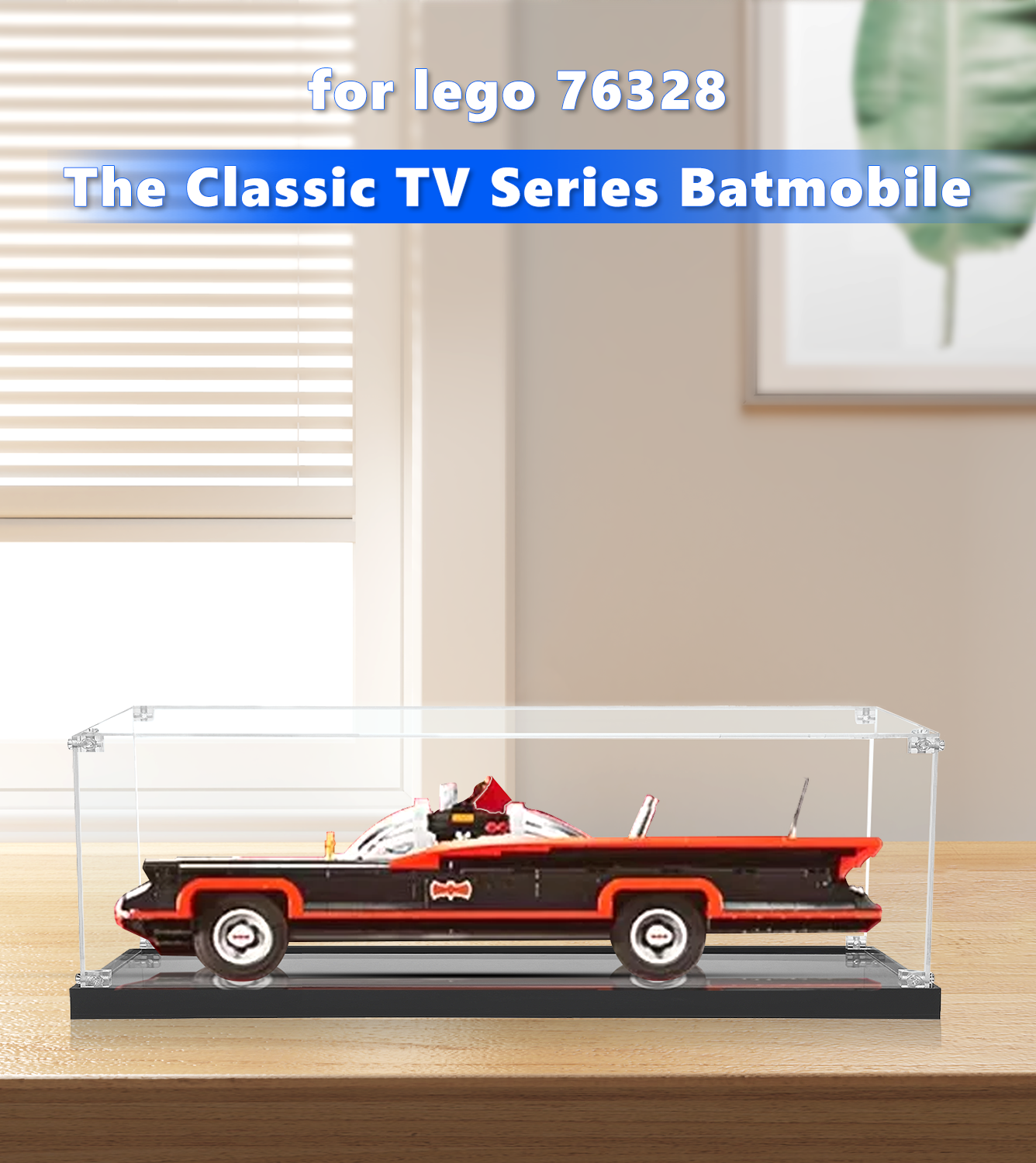 Side view of the display case for LEGO The Classic TV Series Batmobile 76328, perfect for showcasing your LEGO Batmobile.