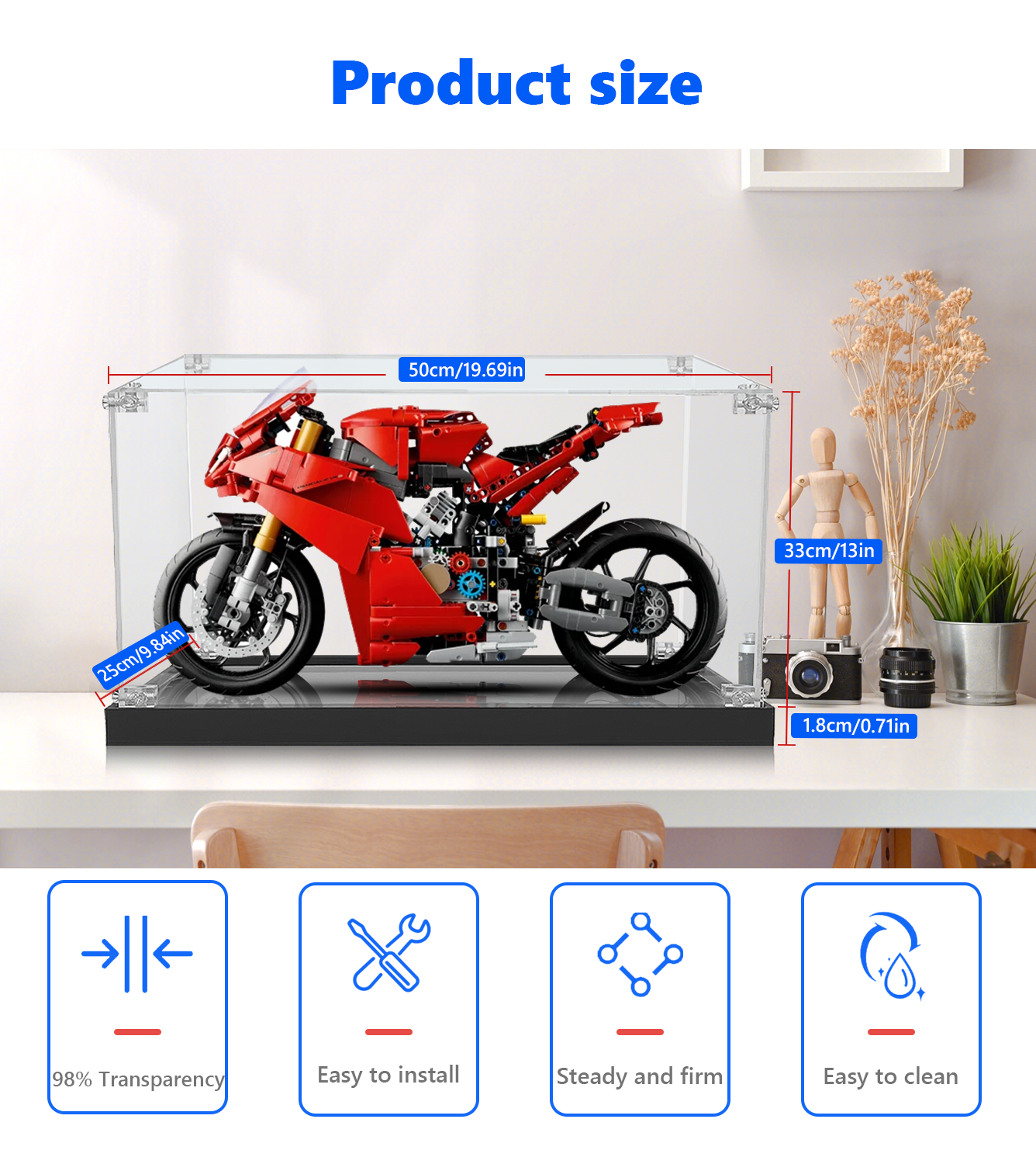 LEGO® Panigale V4 S (42202) displayed on a shelf inside a protective acrylic display case, ideal for collectors