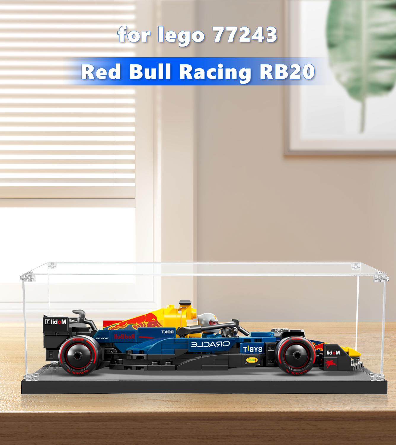 Clear acrylic display case for LEGO® Red Bull Racing RB20, offering protection from dust and damage