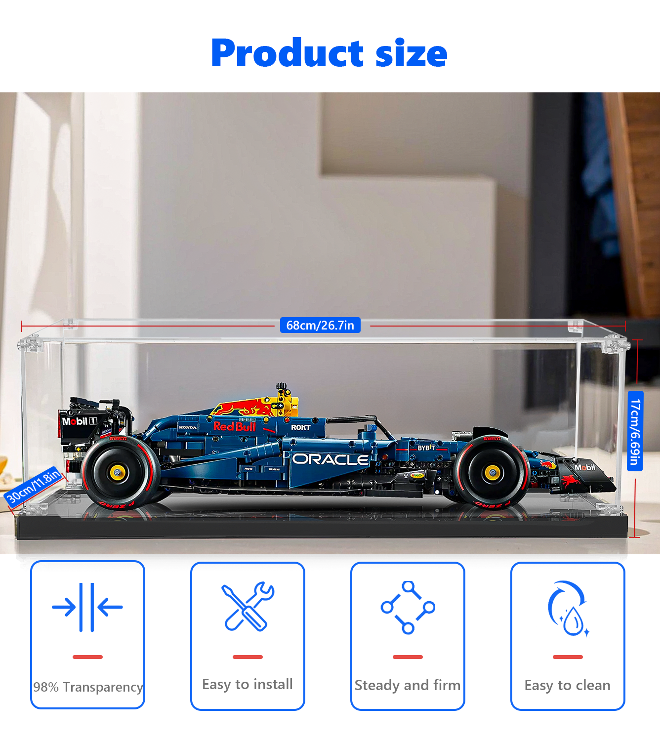 LEGO® Oracle Red Bull Racing RB20 F1 (42206) displayed in a stylish home office inside a protective display case