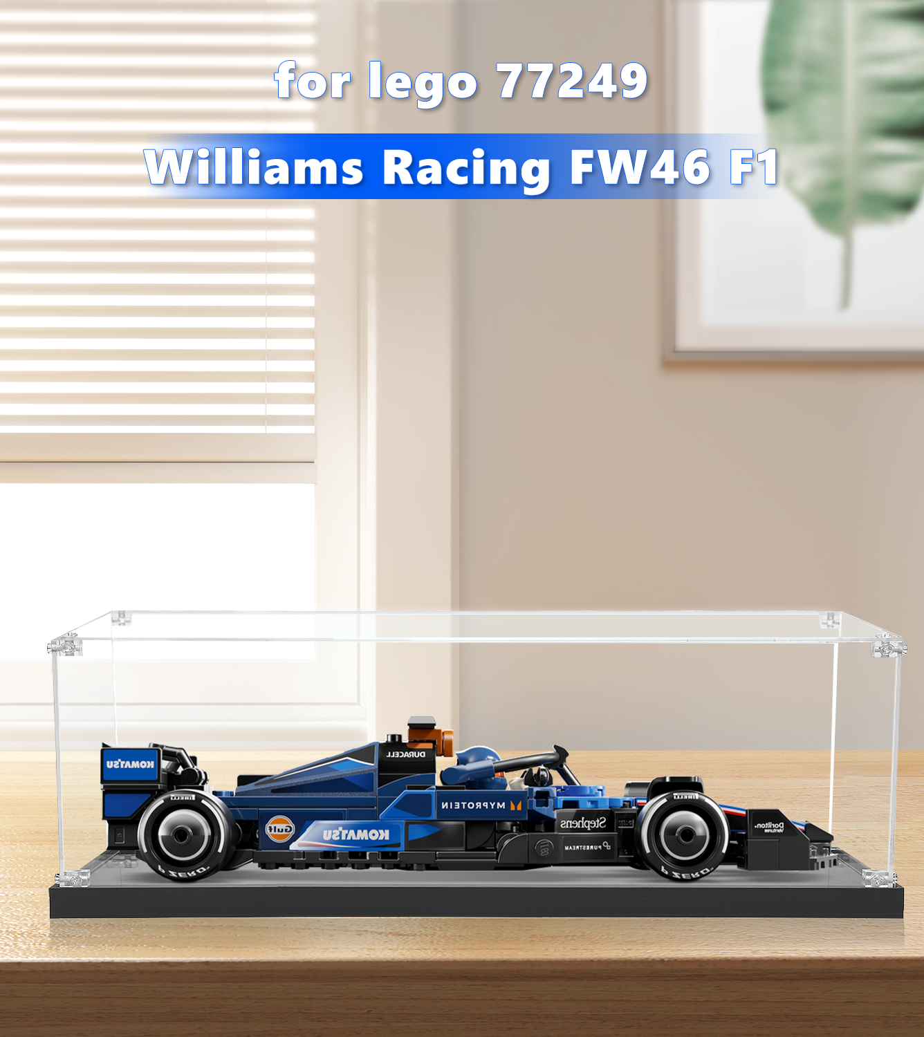 Protective display case for LEGO® Williams Racing FW46 F1 (77249), safeguarding the model from dust and damage