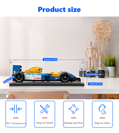 Side view of LEGO® Williams Racing FW14B (10353) in protective display case, showing the model’s sharp design